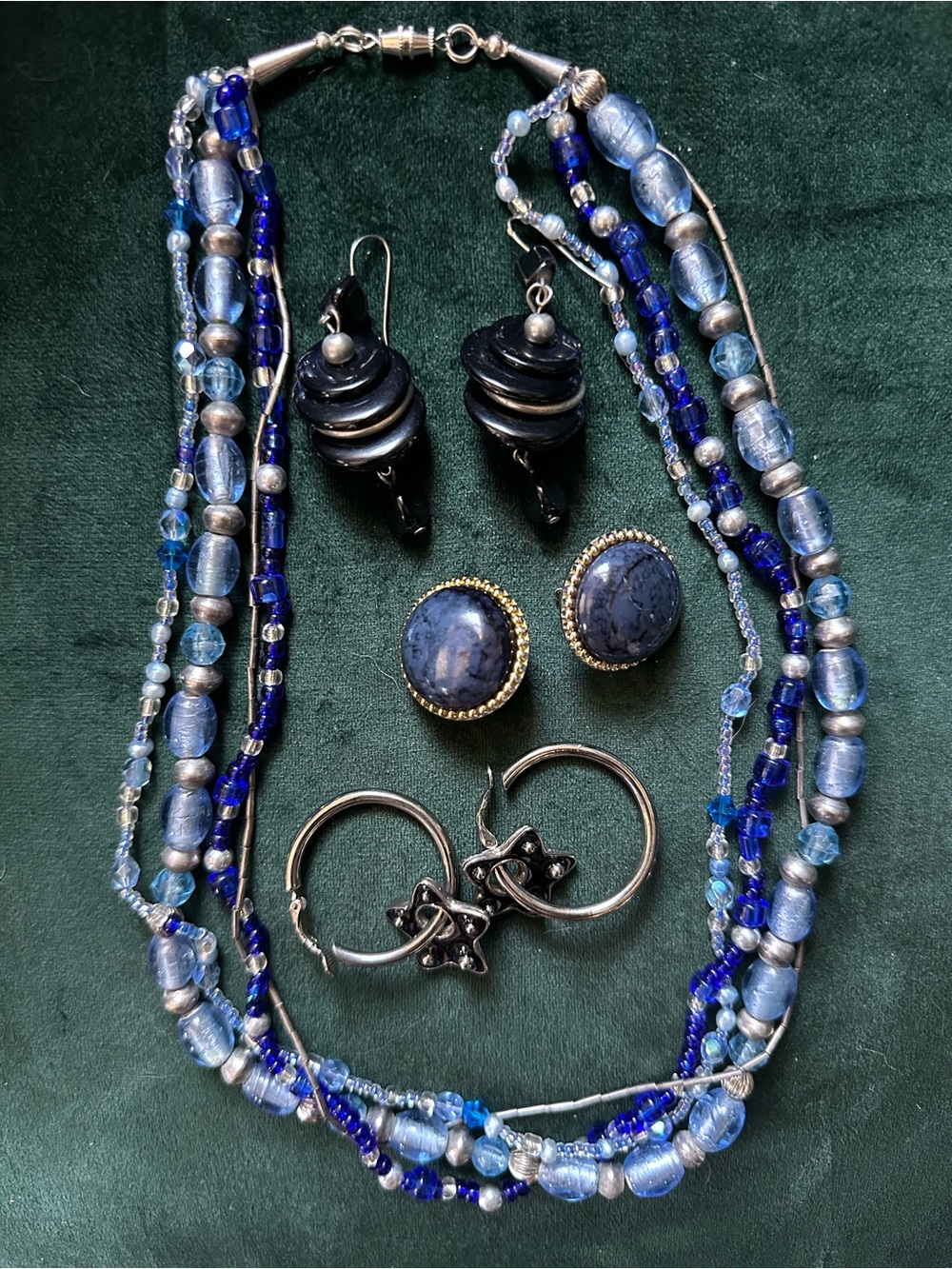 Blue Multi-Strand Beaded Necklace and Earrings Lot
